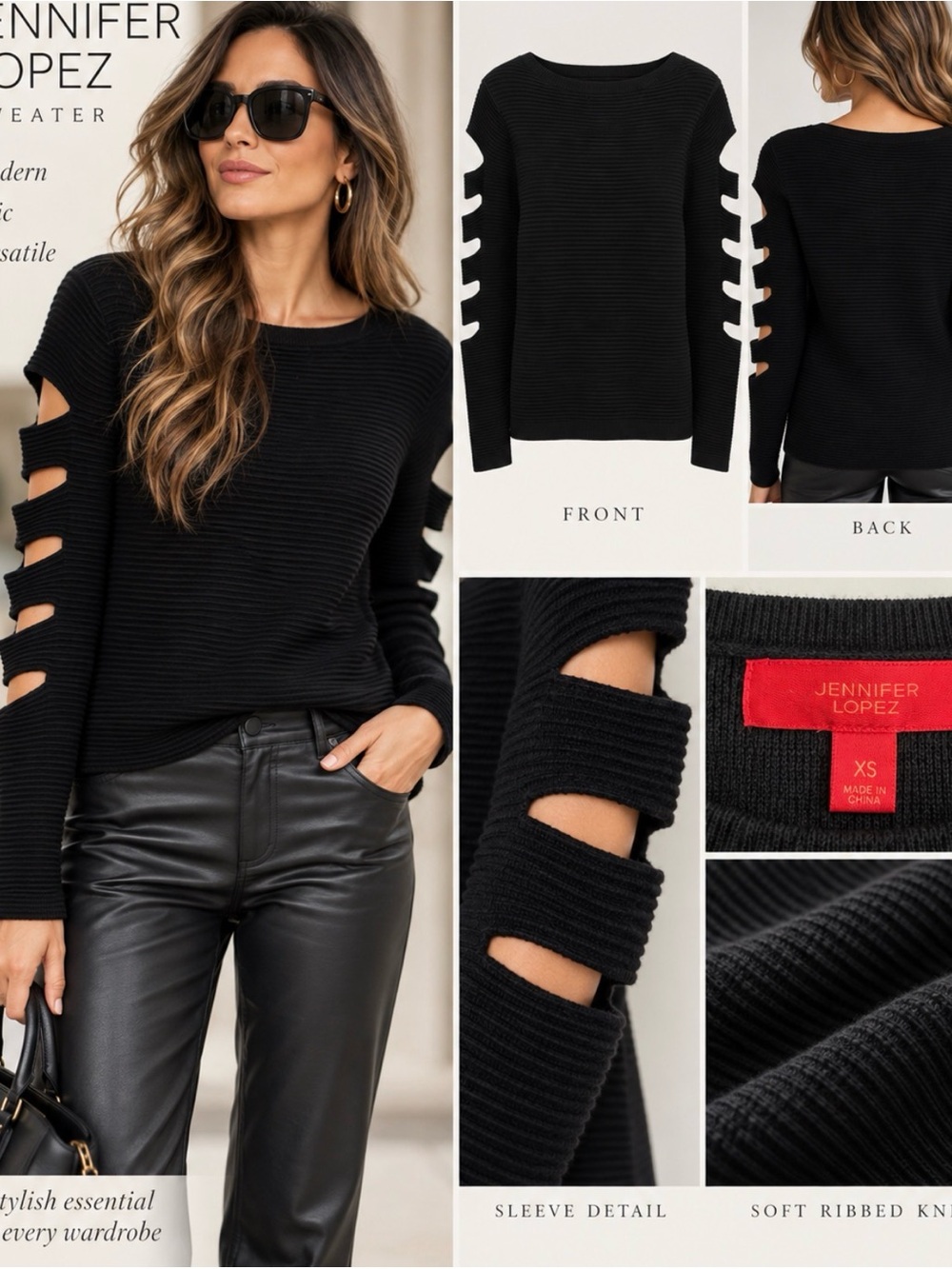 Jennifer Lopez Black Ribbed Crewneck Sweater with Cutout Sleeve Details